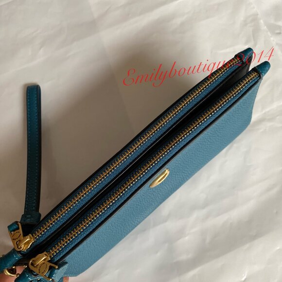NWT Coach Retail CC553 Double Zip Pebble Leather Deep Turquoide Wallet Wristlet - Picture 6 of 6